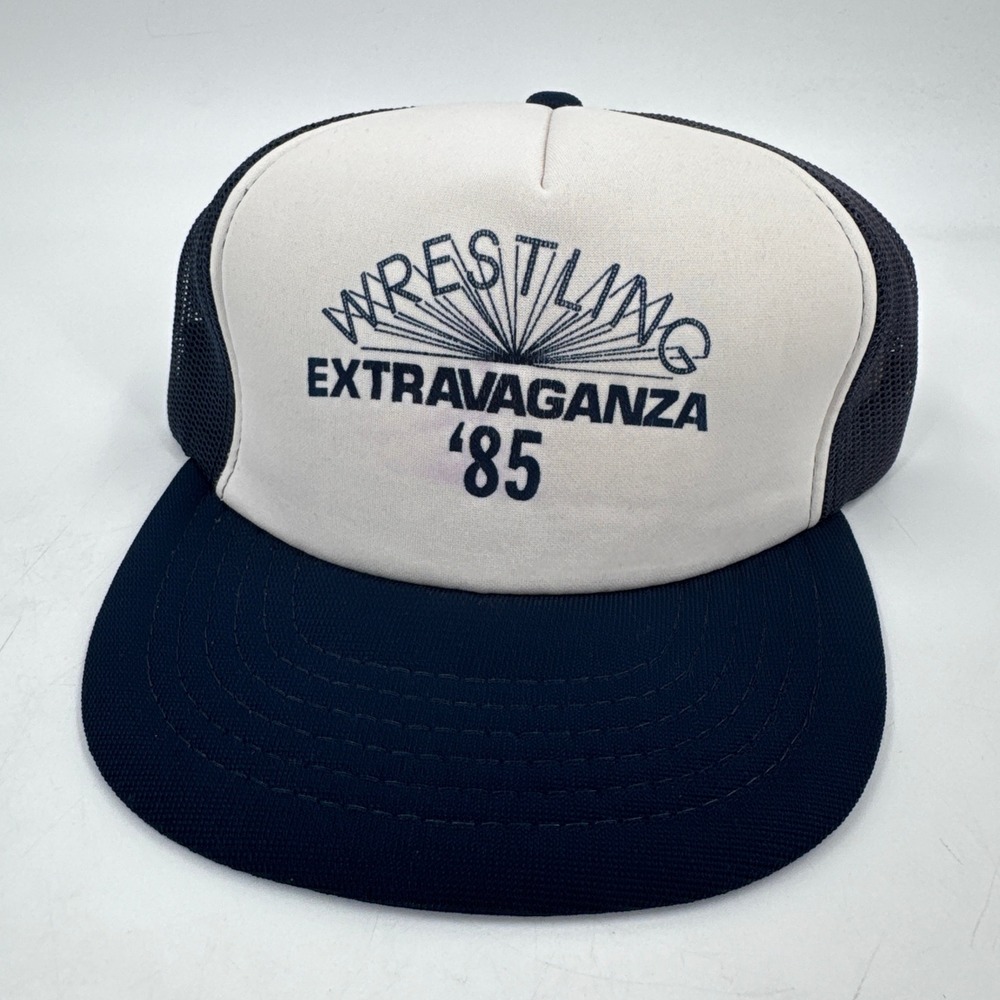 Yupoong Wrestling Extravaganza 85 Trucker Hat Mens OSFA Navy White Vintage 80s